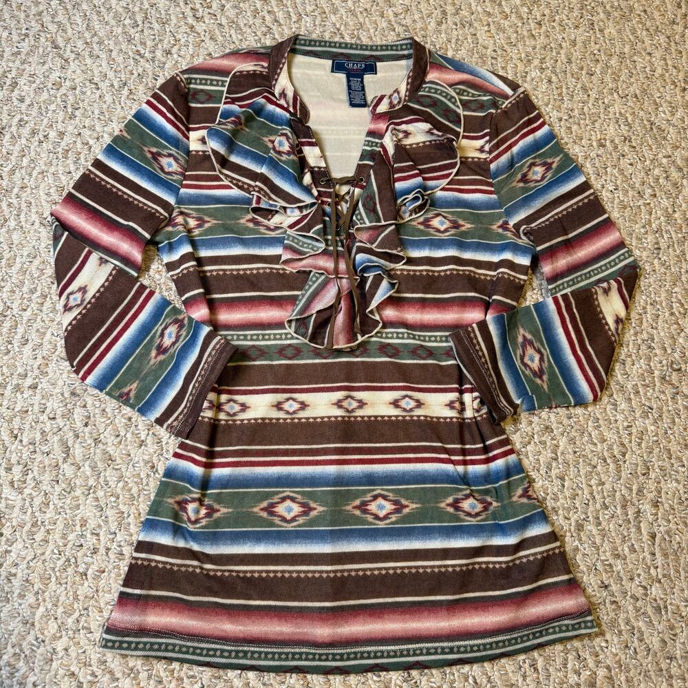 Chaps Denim Western Aztec Ruffle Mesh Lace Up Top 3/4 Sleeve‎ Blouse Boho Size M